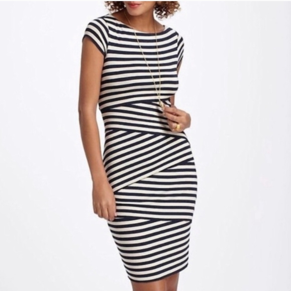 Bailey 44 Asymmetrical Navy and Cream Striped Dress